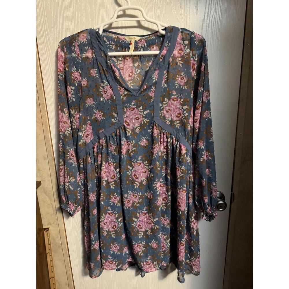 MATILDA JANE Make Believe To The Nines Lined Dress L Swiss Dot Blue Floral